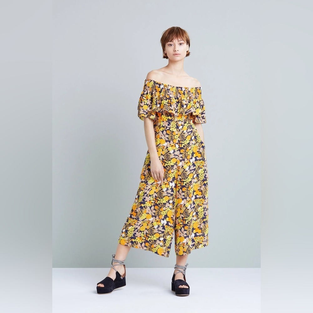 Whistles / Nadia Citrus Print Jumpsuit silk ruffle off shoulder Yellow Multi 6